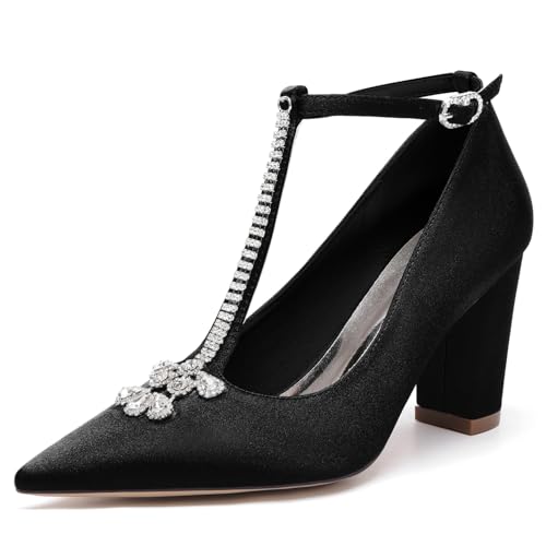 Damen T-Riemchen Pumps Mit Blockabsatz Satin Strass Spitze Zehen Brautschuhe Hochzeitsschuhe 22014-59T,Schwarz,38 EU von WeFloHsL