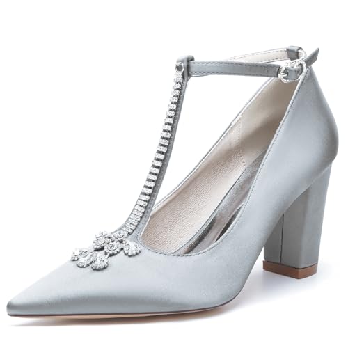 Damen T-Riemchen Pumps Mit Blockabsatz Satin Strass Spitze Zehen Brautschuhe Hochzeitsschuhe 22014-59T,Silber,39 EU von WeFloHsL
