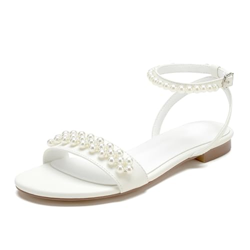 Flache Brautschuhe Sandalen Damen Perlen Offene Zehen Knöchelriemen Abend Party Hochzeits Brautjungfernschuhe,Elfenbein,42 EU von WeFloHsL