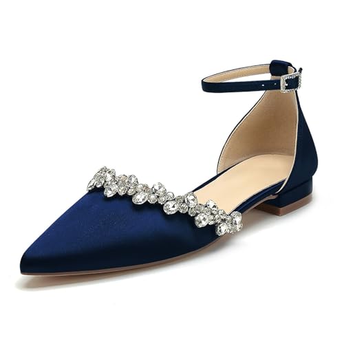 Flache Brautschuhe Satin Strass Damen Ballerinas Knöchelriemen Spitze Zehen Hochzeits Flache Sandalen,Marine,38 EU von WeFloHsL