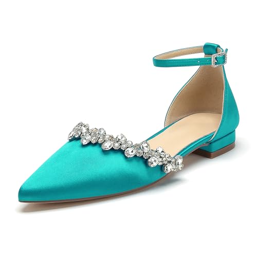 Flache Brautschuhe Satin Strass Damen Ballerinas Knöchelriemen Spitze Zehen Hochzeits Flache Sandalen,Teal,41 EU Flache Brautschuhe Satin Strass Damen Ballerinas Knöchelriemen Spitze Zehen Hochzeits Flache Sandalen,Teal,41 EU von WeFloHsL
