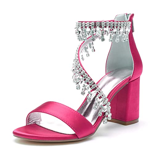 Frauen Hochzeit Riemchensandalen Blockabsatz Offene Zehen Strass Satin Party Abend Brautschuhe 1151-18,Fuchsia,38 EU von WeFloHsL