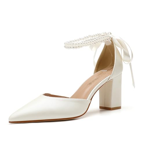 Frauen Knöchelriemen Pumps Blockabsatz Geschlossener Spitze Zehen Kleid Hochzeits Partyschuhe,Elfenbein,39 EU von WeFloHsL