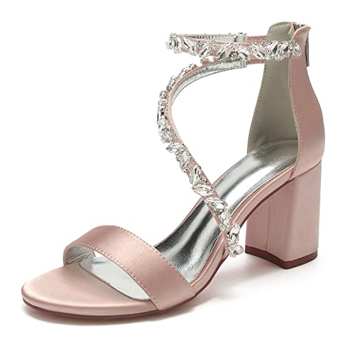 Frauen Offene Zehen Hochzeitsschuhe Blockabsatz 8Cm Riemchensandalen Satin Strass Brautjungfer Abend Brautschuhe 1151-14,Blush,40 EU von WeFloHsL