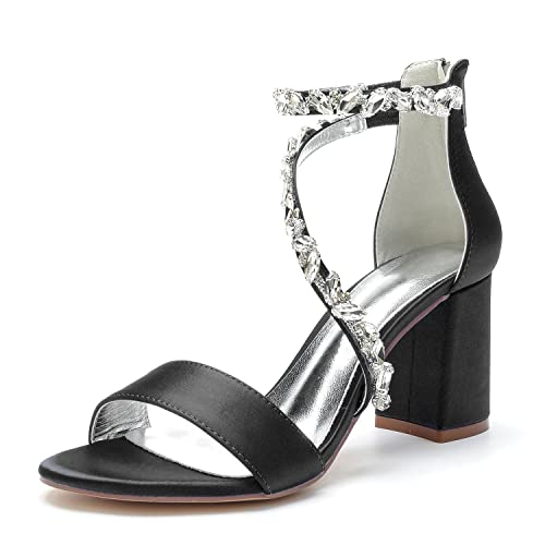 Frauen Offene Zehen Hochzeitsschuhe Blockabsatz 8Cm Riemchensandalen Satin Strass Brautjungfer Abend Brautschuhe 1151-14,Schwarz,38 EU von WeFloHsL