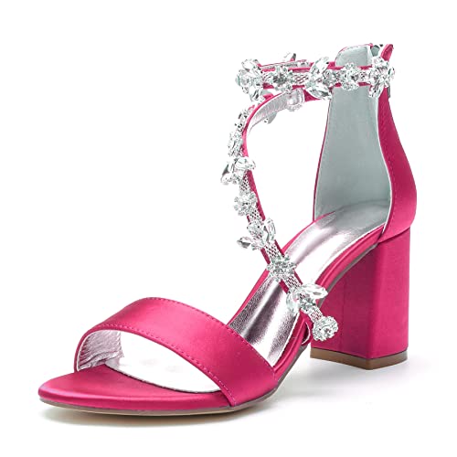 Frauen Strass Blockabsatz Brautschuhe Sandalen Knöchelriemen Offene Zehen Satin Party Hochzeitsschuhe 1151-17,Fuchsia,38 EU von WeFloHsL