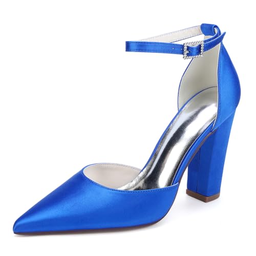 Knöchelriemen Brautschuhe Mit Blockabsatz Damen Satin Pumps Spitze Zehen Party Hochzeitsschuhe,Blau,40 EU von WeFloHsL