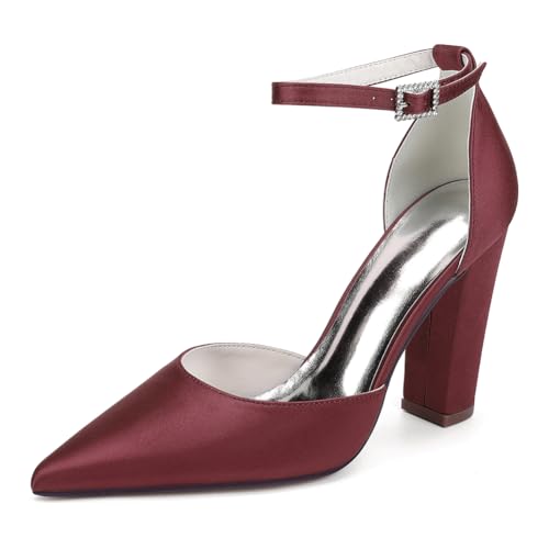 Knöchelriemen Brautschuhe Mit Blockabsatz Damen Satin Pumps Spitze Zehen Party Hochzeitsschuhe,Burgundy,38 EU von WeFloHsL