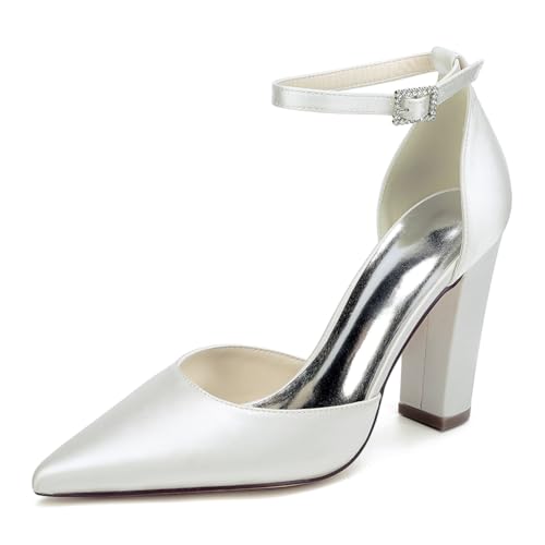 Knöchelriemen Brautschuhe Mit Blockabsatz Damen Satin Pumps Spitze Zehen Party Hochzeitsschuhe,Elfenbein,42 EU von WeFloHsL