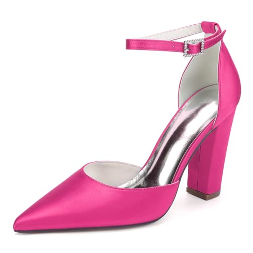 Knöchelriemen Brautschuhe Mit Blockabsatz Damen Satin Pumps Spitze Zehen Party Hochzeitsschuhe,Fuchsia,40 EU von WeFloHsL