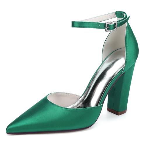 Knöchelriemen Brautschuhe Mit Blockabsatz Damen Satin Pumps Spitze Zehen Party Hochzeitsschuhe,Grün,37 EU von WeFloHsL
