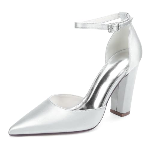 Knöchelriemen Brautschuhe Mit Blockabsatz Damen Satin Pumps Spitze Zehen Party Hochzeitsschuhe,Silber,36 EU von WeFloHsL