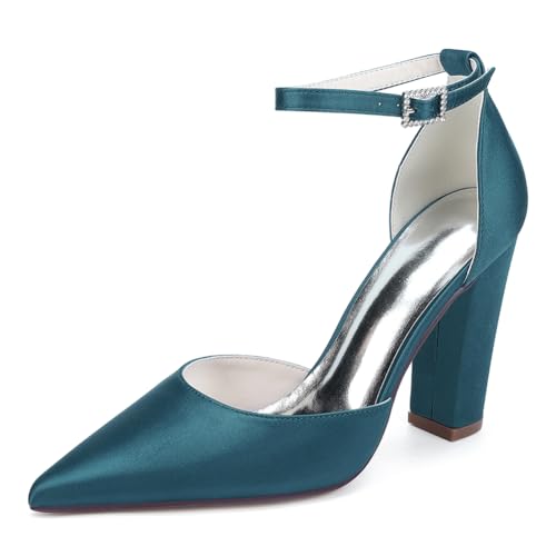 Knöchelriemen Brautschuhe Mit Blockabsatz Damen Satin Pumps Spitze Zehen Party Hochzeitsschuhe,Teal,39 EU von WeFloHsL