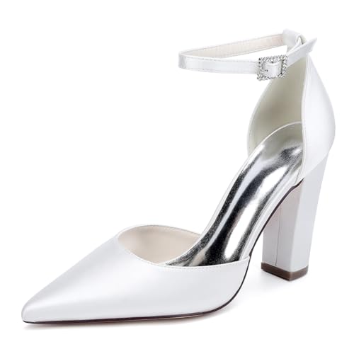 Knöchelriemen Brautschuhe Mit Blockabsatz Damen Satin Pumps Spitze Zehen Party Hochzeitsschuhe,Weiß,38 EU von WeFloHsL