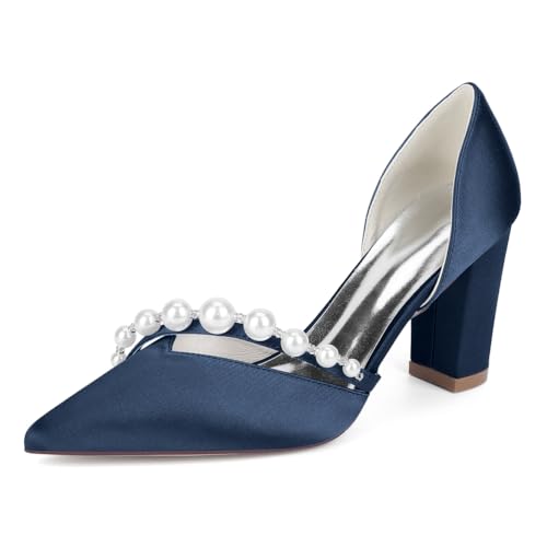 Perlen Pumps Brautschuhe Mit Blockabsatz Damen Spitze Zehen Satin Party Hochzeitsschuhe 22014-17,Marine,39 EU Perlen Pumps Brautschuhe Mit Blockabsatz Damen Spitze Zehen Satin Party Hochzeitsschuhe 22014-17,Marine,39 EU von WeFloHsL