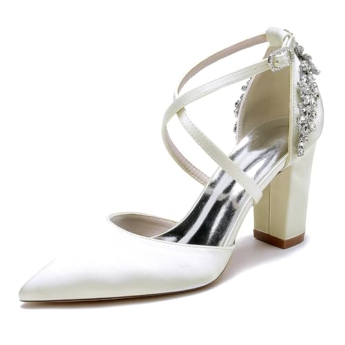 Satin Brautschuhe Blockabsatz Damen Knöchelriemen Pumps Spitze Zehen Strass Abend Party Hochzeitsschuhe 22014-59A,Elfenbein,43 EU Satin Brautschuhe Blockabsatz Damen Knöchelriemen Pumps Spitze Zehen Strass Abend Party Hochzeitsschuhe 22014-59A,Elfenbein,43 EU von WeFloHsL
