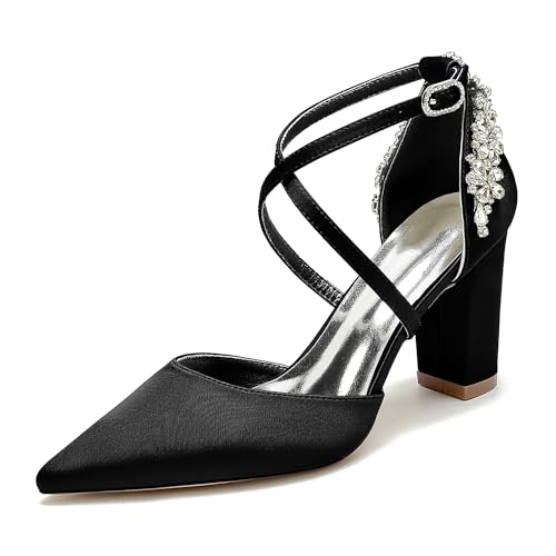 Satin Brautschuhe Blockabsatz Damen Knöchelriemen Pumps Spitze Zehen Strass Abend Party Hochzeitsschuhe 22014-59A,Schwarz,41 EU Satin Brautschuhe Blockabsatz Damen Knöchelriemen Pumps Spitze Zehen Strass Abend Party Hochzeitsschuhe 22014-59A,Schwarz,41 EU von WeFloHsL