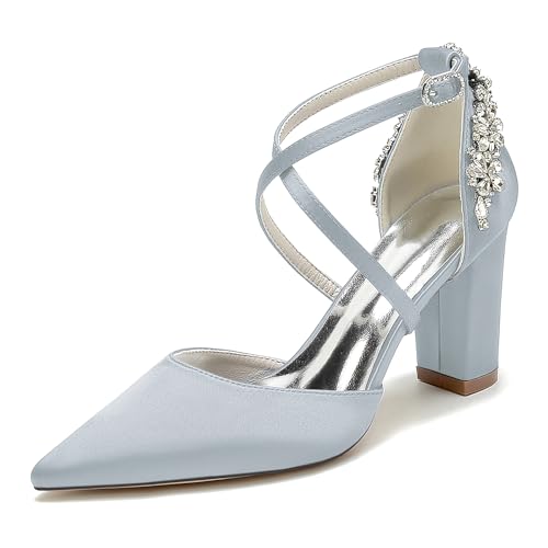 Satin Brautschuhe Blockabsatz Damen Knöchelriemen Pumps Spitze Zehen Strass Abend Party Hochzeitsschuhe 22014-59A,Silber,41 EU Satin Brautschuhe Blockabsatz Damen Knöchelriemen Pumps Spitze Zehen Strass Abend Party Hochzeitsschuhe 22014-59A,Silber,41 EU von WeFloHsL