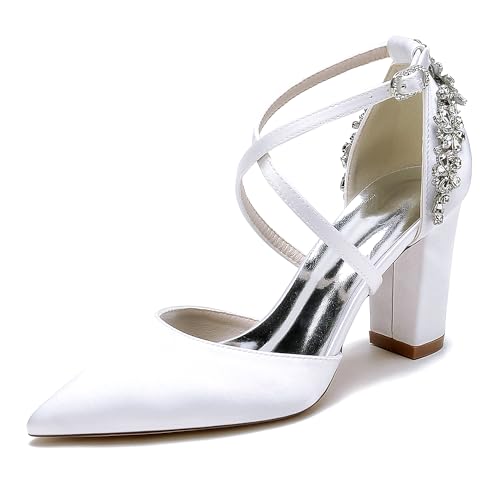 Satin Brautschuhe Blockabsatz Damen Knöchelriemen Pumps Spitze Zehen Strass Abend Party Hochzeitsschuhe 22014-59A,Weiß,40 EU Satin Brautschuhe Blockabsatz Damen Knöchelriemen Pumps Spitze Zehen Strass Abend Party Hochzeitsschuhe 22014-59A,Weiß,40 EU von WeFloHsL