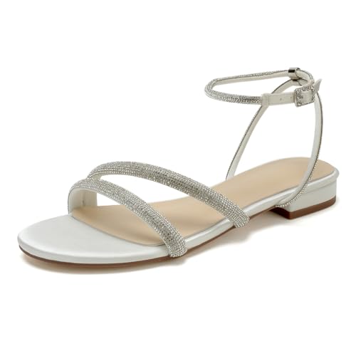 Satin Flache Hochzeits Sandalen Damen Riemchensandalen Strass Offene Zehen Party Brautschuhe Brautjungfernschuhe,Elfenbein,35 EU Satin Flache Hochzeits Sandalen Damen Riemchensandalen Strass Offene Zehen Party Brautschuhe Brautjungfernschuhe,Elfenbein,35 EU von WeFloHsL