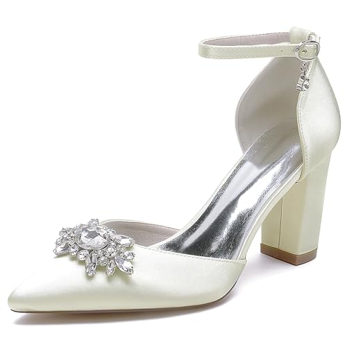 Satin Hochzeitsschuhe Blockabsatz Pumps Damen Knöchelriemen Strass Spitze Zehen Party Brautschuhe 22014-15TY,Elfenbein,38 EU Satin Hochzeitsschuhe Blockabsatz Pumps Damen Knöchelriemen Strass Spitze Zehen Party Brautschuhe 22014-15TY,Elfenbein,38 EU von WeFloHsL