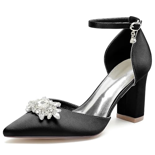 Satin Hochzeitsschuhe Blockabsatz Pumps Damen Knöchelriemen Strass Spitze Zehen Party Brautschuhe 22014-15TY,Schwarz,38 EU Satin Hochzeitsschuhe Blockabsatz Pumps Damen Knöchelriemen Strass Spitze Zehen Party Brautschuhe 22014-15TY,Schwarz,38 EU von WeFloHsL