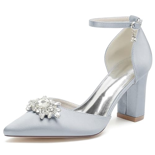 Satin Hochzeitsschuhe Blockabsatz Pumps Damen Knöchelriemen Strass Spitze Zehen Party Brautschuhe 22014-15TY,Silber,38 EU Satin Hochzeitsschuhe Blockabsatz Pumps Damen Knöchelriemen Strass Spitze Zehen Party Brautschuhe 22014-15TY,Silber,38 EU von WeFloHsL