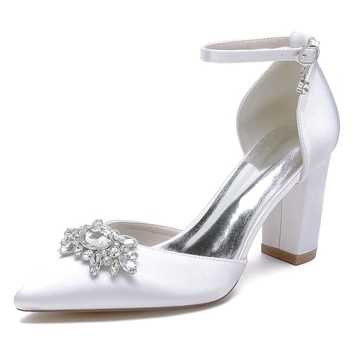 Satin Hochzeitsschuhe Blockabsatz Pumps Damen Knöchelriemen Strass Spitze Zehen Party Brautschuhe 22014-15TY,Weiß,38 EU Satin Hochzeitsschuhe Blockabsatz Pumps Damen Knöchelriemen Strass Spitze Zehen Party Brautschuhe 22014-15TY,Weiß,38 EU von WeFloHsL