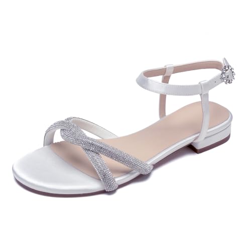 Satin Hochzeitsschuhe Flach Sandalen Strass Damen Knöchelriemen Offene Zehen Slingback Party Brautschuhe,Weiß,40 EU Satin Hochzeitsschuhe Flach Sandalen Strass Damen Knöchelriemen Offene Zehen Slingback Party Brautschuhe,Weiß,40 EU von WeFloHsL