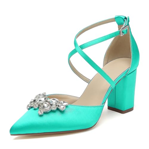 Spitze Zehen Brautschuhe Blockabsatz Frauen Kreuz Riemchen Hochzeit Pumps Satin Strass Prom Party Schuhe,Teal,39 EU von WeFloHsL