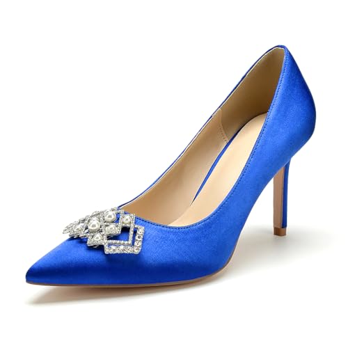 Stiletto High Heels Hochzeits Pumps Damen Spitze Zehen Kleid Satin Strass Party Brautschuhe,Blau,42 EU von WeFloHsL