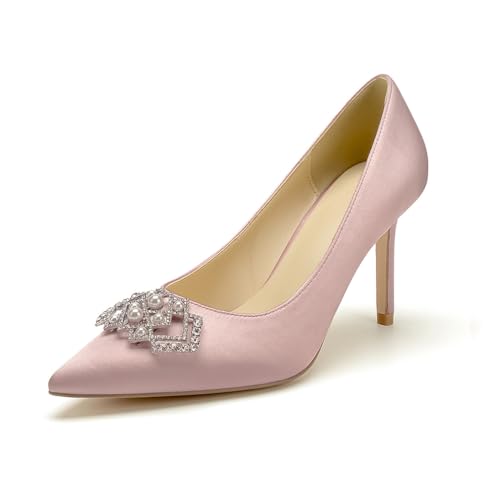 Stiletto High Heels Hochzeits Pumps Damen Spitze Zehen Kleid Satin Strass Party Brautschuhe,Blush,40 EU von WeFloHsL