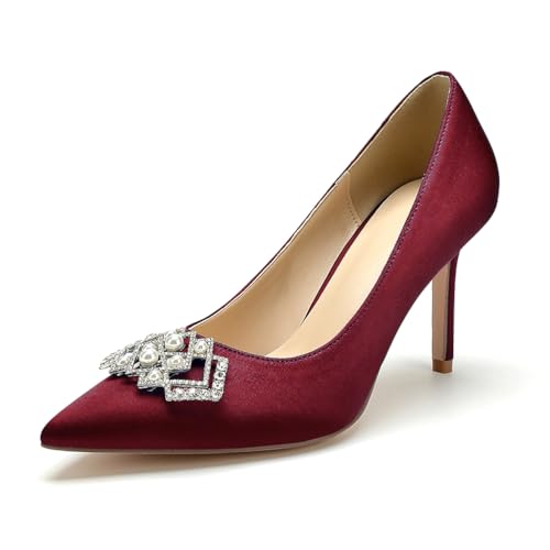 Stiletto High Heels Hochzeits Pumps Damen Spitze Zehen Kleid Satin Strass Party Brautschuhe,Burgundy,36 EU von WeFloHsL