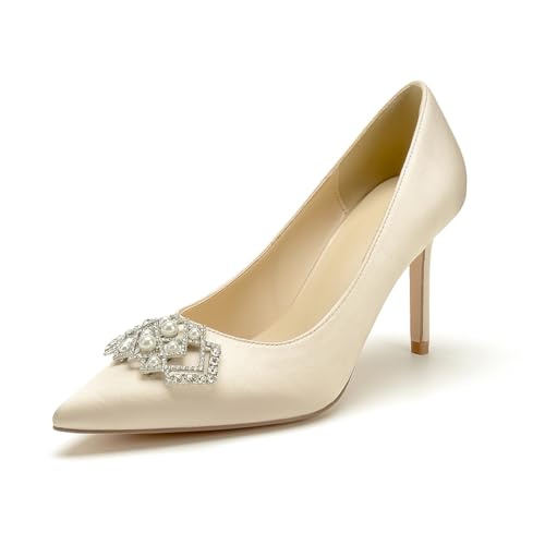 Stiletto High Heels Hochzeits Pumps Damen Spitze Zehen Kleid Satin Strass Party Brautschuhe,Champagne,37 EU von WeFloHsL