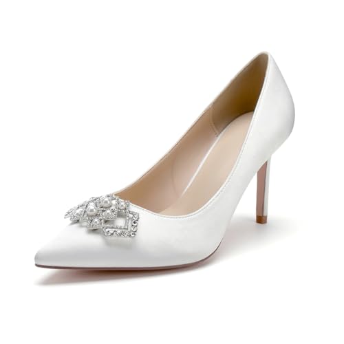 Stiletto High Heels Hochzeits Pumps Damen Spitze Zehen Kleid Satin Strass Party Brautschuhe,Elfenbein,39 EU von WeFloHsL