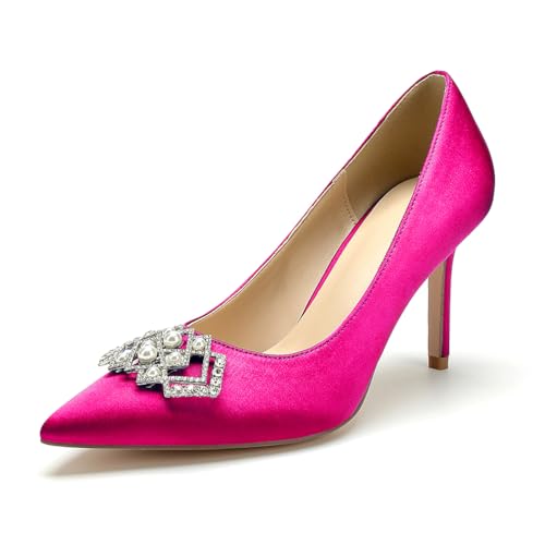Stiletto High Heels Hochzeits Pumps Damen Spitze Zehen Kleid Satin Strass Party Brautschuhe,Fuchsia,43 EU von WeFloHsL