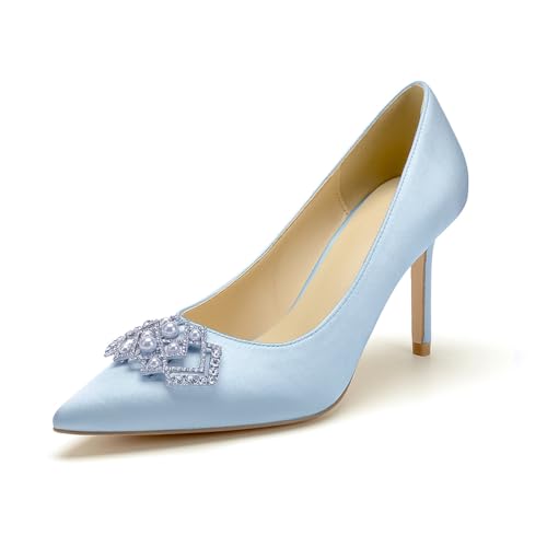 Stiletto High Heels Hochzeits Pumps Damen Spitze Zehen Kleid Satin Strass Party Brautschuhe,Light Blue,35 EU von WeFloHsL