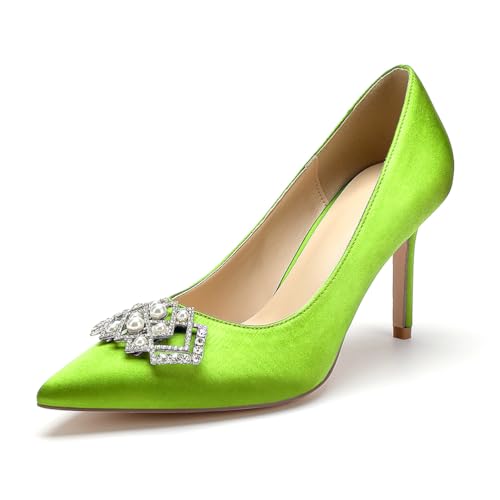Stiletto High Heels Hochzeits Pumps Damen Spitze Zehen Kleid Satin Strass Party Brautschuhe,Lime,42 EU von WeFloHsL