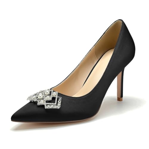 Stiletto High Heels Hochzeits Pumps Damen Spitze Zehen Kleid Satin Strass Party Brautschuhe,Schwarz,39 EU von WeFloHsL