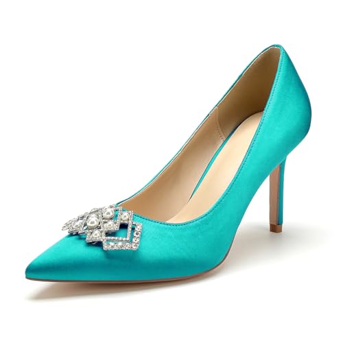 Stiletto High Heels Hochzeits Pumps Damen Spitze Zehen Kleid Satin Strass Party Brautschuhe,Teal,41 EU von WeFloHsL