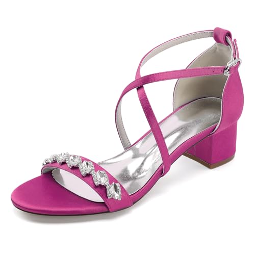 Strass Riemen Hochzeits Sandalen Blockabsatz Damen Offener Zehen Satin Brautschuhe Partyschuhe 13091-1AM,Fuchsia,43 EU von WeFloHsL