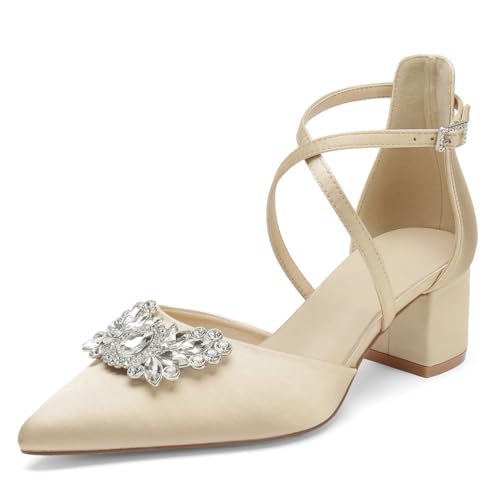 WeFloHsL Blockabsatz Brautschuhe Damen Satin Spitzer Zehen Strass Kreuzriemen Hochzeits Abendschuhe,Champagne,35 EU von WeFloHsL