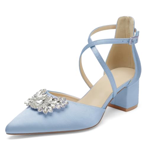 WeFloHsL Blockabsatz Brautschuhe Damen Satin Spitzer Zehen Strass Kreuzriemen Hochzeits Abendschuhe,Light Blue,42 EU von WeFloHsL