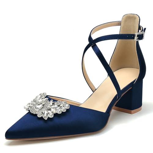 WeFloHsL Blockabsatz Brautschuhe Damen Satin Spitzer Zehen Strass Kreuzriemen Hochzeits Abendschuhe,Marine,42 EU von WeFloHsL