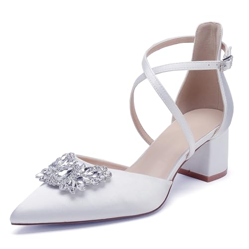 WeFloHsL Blockabsatz Brautschuhe Damen Satin Spitzer Zehen Strass Kreuzriemen Hochzeits Abendschuhe,Weiß,41 EU von WeFloHsL