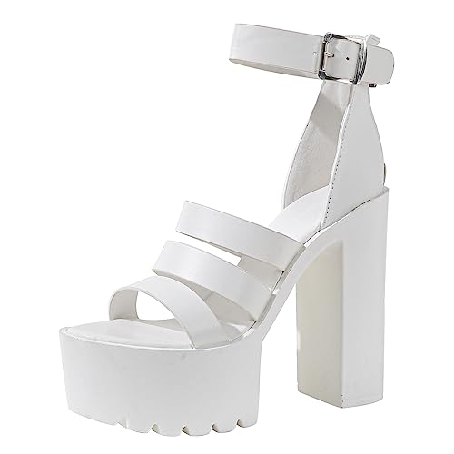 WeFloHsL Blockabsatz Plateau Sandalen Damen Knöchelriemen Offener Zehen Gothic Punk Partykleid Abendschuhe,Weiß,43 EU von WeFloHsL