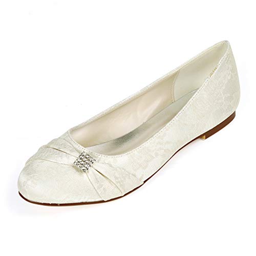 WeFloHsL Brautschuhe Flache Damen Spitze Ballerinas Runde Zehe Strass Satin Hochzeit Brautjungfernschuhe 9872-07LS,Elfenbein,42 EU von WeFloHsL