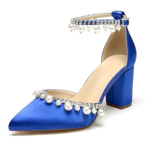 WeFloHsL Damen Blockabsatz Brautschuhe Perlen Satin Knöchelriemen Spitze Zehen Hochzeitsschuhe Party Abendschuhe,Blau,43 EU von WeFloHsL