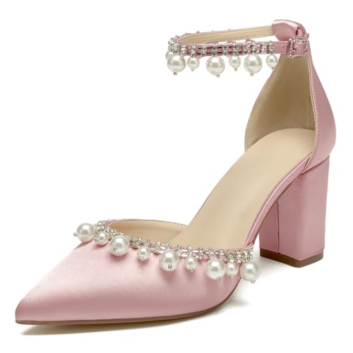 WeFloHsL Damen Blockabsatz Brautschuhe Perlen Satin Knöchelriemen Spitze Zehen Hochzeitsschuhe Party Abendschuhe,Blush,35 EU von WeFloHsL