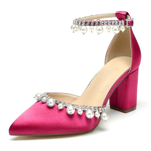 WeFloHsL Damen Blockabsatz Brautschuhe Perlen Satin Knöchelriemen Spitze Zehen Hochzeitsschuhe Party Abendschuhe,Fuchsia,39 EU von WeFloHsL